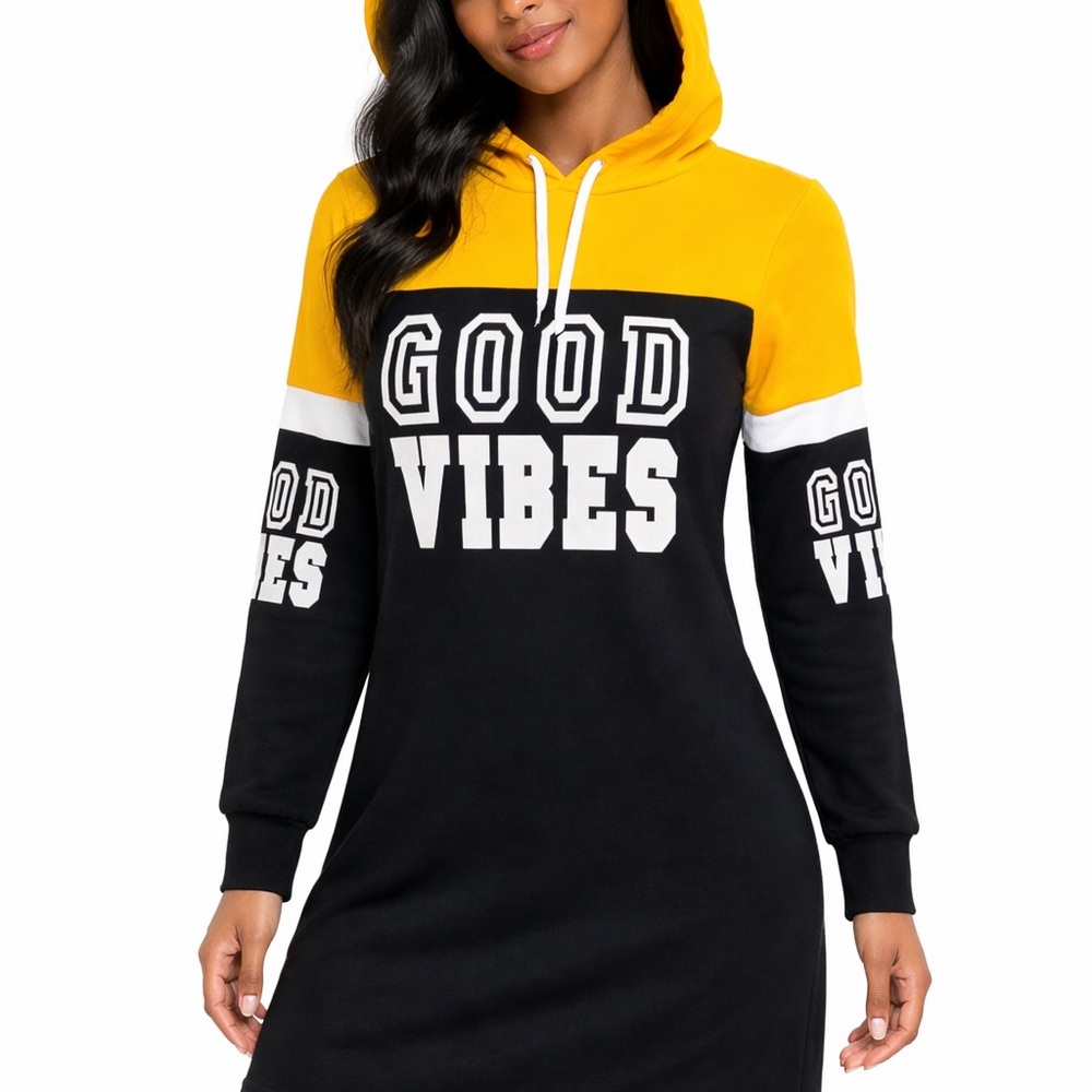 NYC Yellow and Black 'Good Vibes' Cowl Neck Sweater Dress